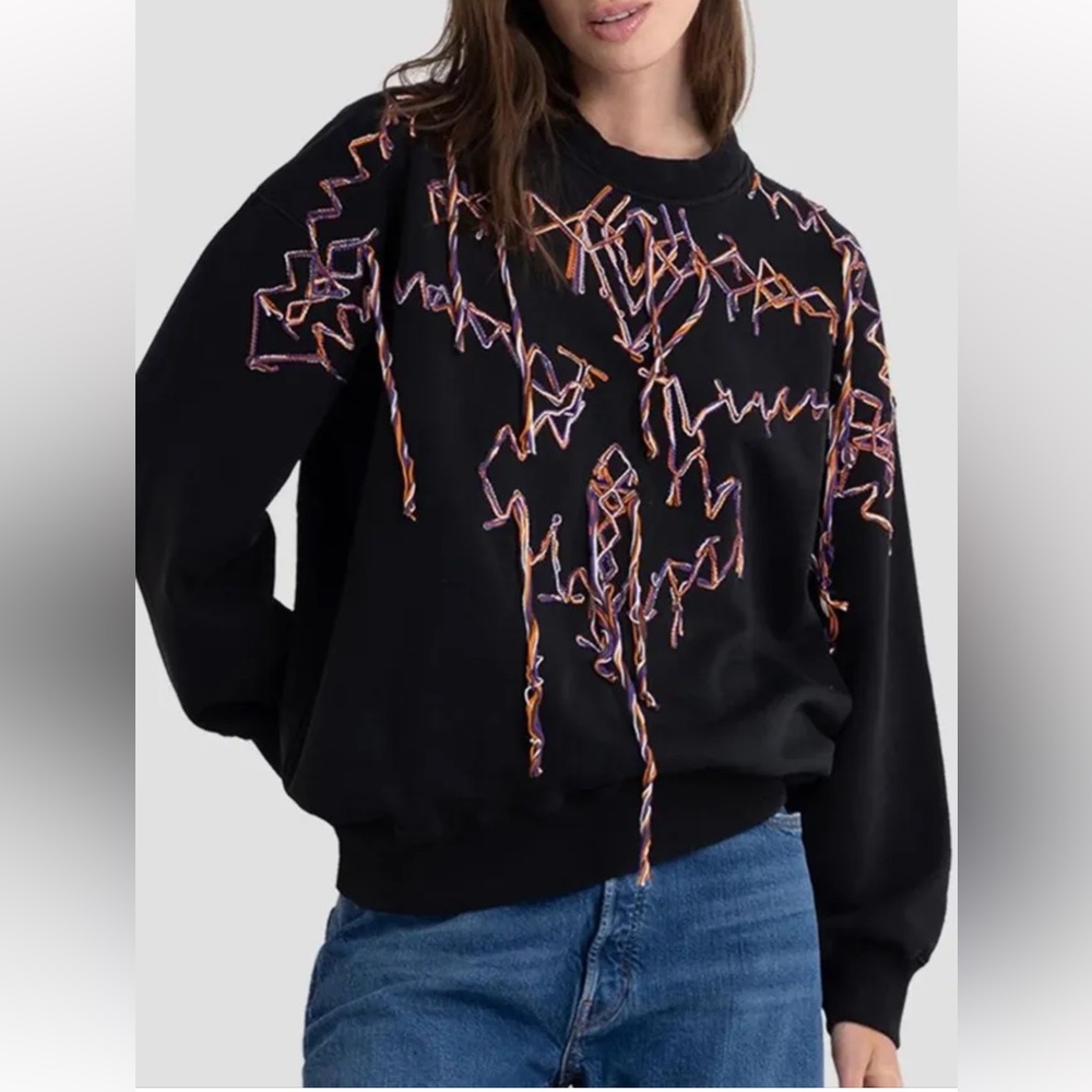 Replay Black Pullover Sweatshirt with Orange & Purple Embroidery